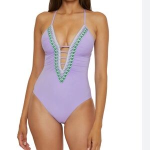 Becca Fiesta Plunge One-Piece Swimsuit, Bellflower, size Medium, NWOT